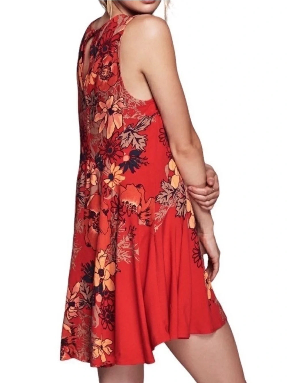 Free People Backyard Party Red Floral Tunic Swing Dress